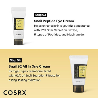 COSRX All About Snail Mucin Korean Skin Care Set, Mini Travel Essentials, Travel Size Gift Set with Snail Mucin Face Wash, Serum, Moisturizer & Eye Cream, Rejuvenating Kit, Stocking Stuffers