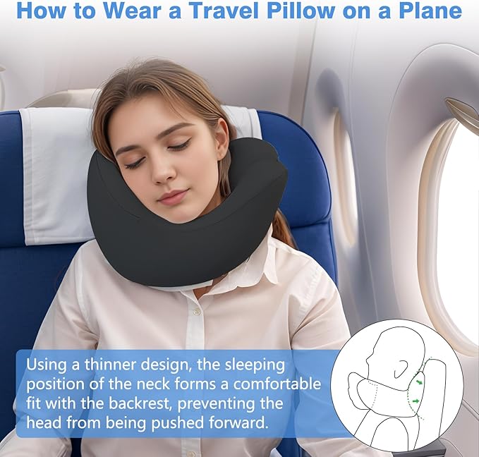 jiaao Neck Pillow Airplane, 2025 Upgraded Memory Foam Travel Pillow for International Flights, Adjustable Clasp, Storage Bag, Advanced Neck Support for Road Trips, Home, Office, and Gaming