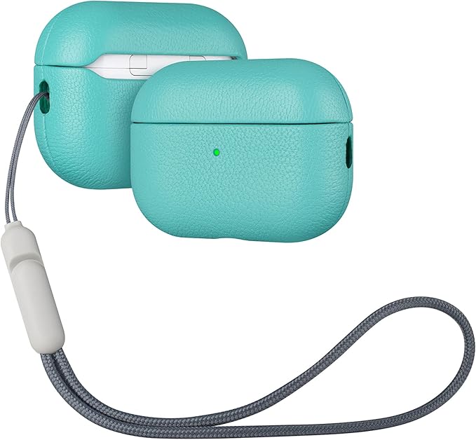 Lopie AirPods Pro 2nd Gen Leather Case, Cyan Blue, Protective Case Fully-Wrapped with Lambskin Leather, 360-Degree Protection, Lightning Port Access