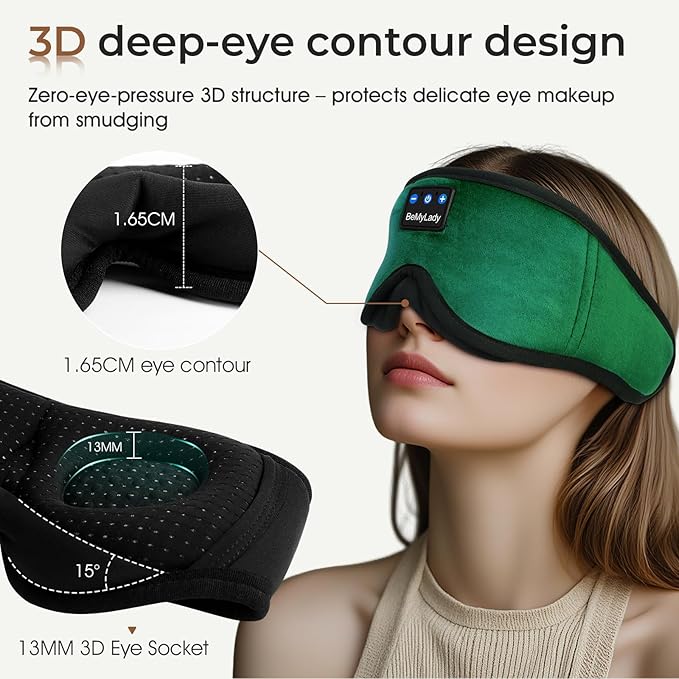 Sleep mask Headphones,100% Blackout 3D Zero Eye Pressure Bluetooth Sleep mask Breathable Eye mask with Bluetooth Headphones Sleep Headphones for Side Sleepers 14H Playtime&Bluetooth 5.4 Green
