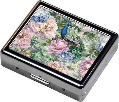 7 Days Chromed Shiny Silver Pill Organizer with Mirror Inside Has 8 Separate Compartments Rectangle,Versatile Storage for Medication - Ideal Travel Accessory (Painted Peacock)