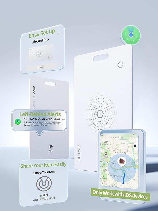 LULULOOK Wallet Tracker Card (iOS Only), Ultra Slim Airtag Wallet Works with Apple Find My, Wireless Rechargeable GPS Smartcard Tracker for Luggage, Tags, Passport, Purse, IP68 Waterproof, 3 Pack