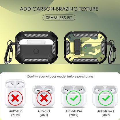 RFUNGUANGO for AirPods Pro 2nd Gen Case with Cleaning Kit, Military Hard Case Protective Armor with Lock, for AirPod Gen 2 Charging Case (2023/2022/2019, 2nd Gen/1st Gen),Rainforest Camouflage