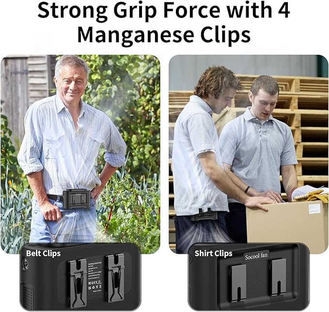 Socool 14500mAh Portable Waist Fan Clip On Wearable Belt Shirt Fan 5 Speeds with Dual Air Outlet & Flashlight Personal Hanging Neck Fans Battery Operated Rechargeable 40H Cooling For Camping Jobsite