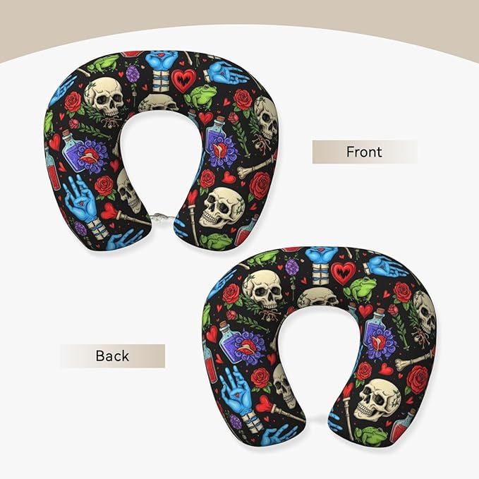 Neck Pillow for Sleeping Rest Nap Halloween Goth Skull Mushroom Vampire Magic Witch Witchcraft, Airplanes/Car/Home Memory Foam Travel Cushion with Polyester Cover Washable for Women Men