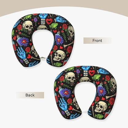 Neck Pillow for Sleeping Rest Nap Halloween Goth Skull Mushroom Vampire Magic Witch Witchcraft, Airplanes/Car/Home Memory Foam Travel Cushion with Polyester Cover Washable for Women Men