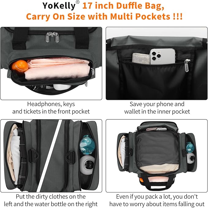 Small Gym Duffle Bag - 17 inch Carry On Weekender Bag for Travel Sport (17x10x9 in) - Dark Grey