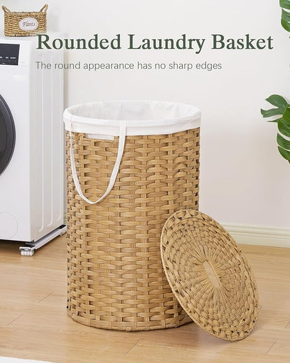 Large Laundry Hamper Laundry Basket Round 34.3 Gal (130 L) Handwoven Wicker Laundry Baskets Rattan Laundry Basket with Laundry Bag Handles 2 Mesh Bags for Living Room Bedroom Natural