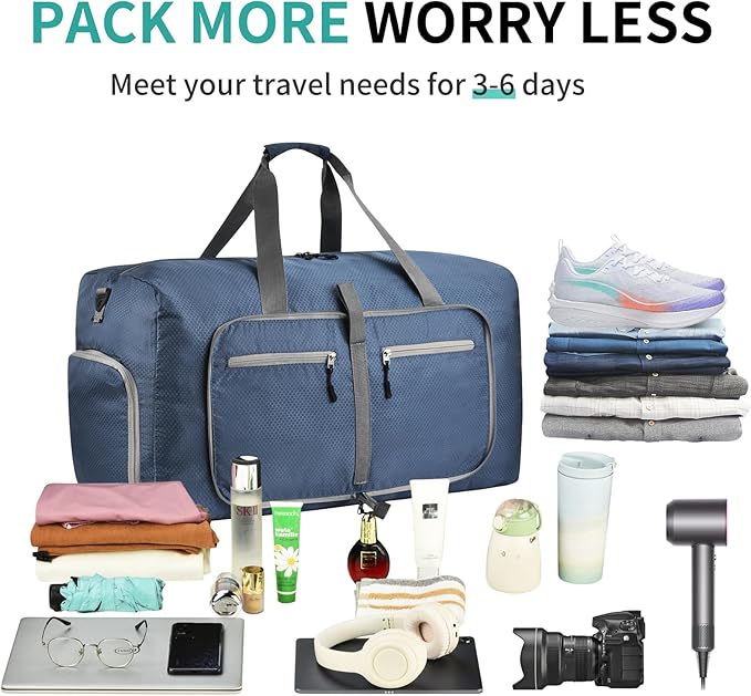 Dimayar Travel Duffle Bag for Men Women - Foldable Duffel Bag with Shoes Compartment - Overnight Bags Waterproof & Tear Resistant(85L,Dark Blue)