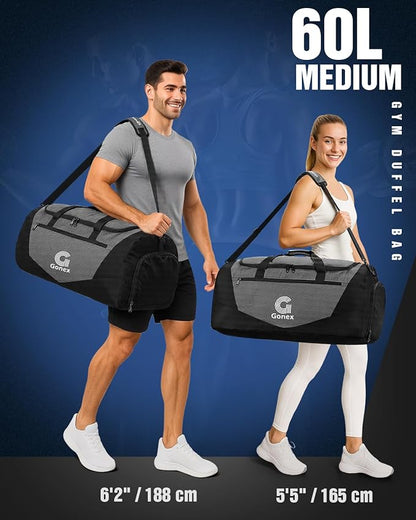 Gonex Gym Duffel Bag with Shoe Compartment Wet Pocket, Large Capacity Sports Duffle Bag for Men Women, Workout & Travel Bag with Multiple Pockets, Black/Gray, Medium (60L)