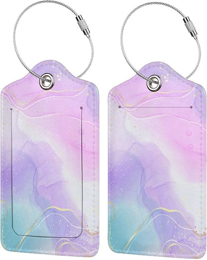 Pink Luggage Tags 2 Pack for Girls Women, Watercolor Light Purple and Cyan Blue Background Leather Suitcase Tags Identifiers, Cute ID and Name Labels with Privacy Covers for Backpack Travel Bag