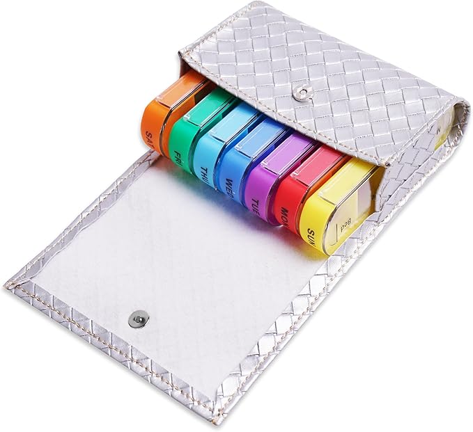 Pill Organizer,LIZIMANDU Weekly Travel Pill Case Box Medication Reminder Daily AM PM, Day Night 7 Compartments,for 4 Times A Day, 7 Days a Week-Includes Leather PU Carrying Case(1-Weave Silver)