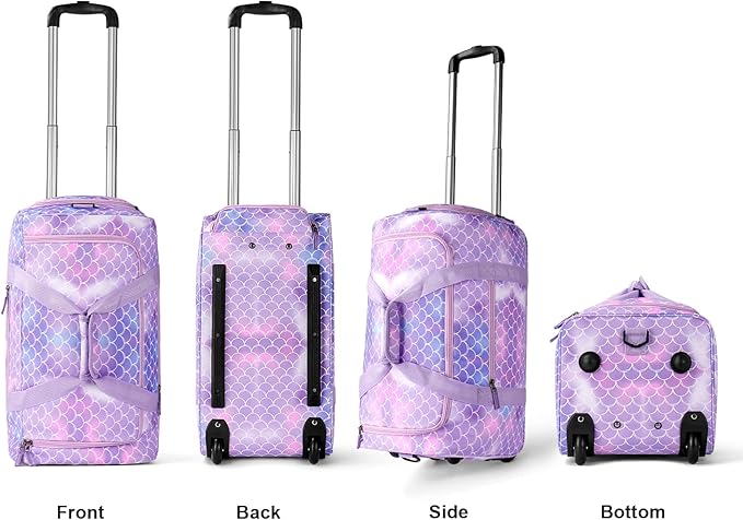 Choco Mocha Girls Mermaid Suitcase with Wheels Kids Purple Rolling Duffle Bag for Camping Teen Girls Toddler Luggage Bag for Travel, 22inch
