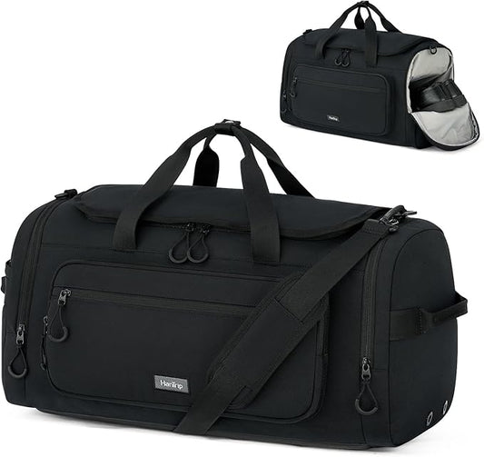 Large Travel Duffle Gym Bag with Shoe Compartment, Underseat Carry On Luggage Overnight Weekender Personal Item Workout Bags for Women Men (Black)