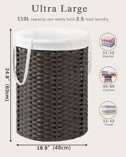 Laundry Basket Round Rattan Laundry Hamper 29.1 Gal (110 L) Handwoven Large Wicker Basket with Handles, Wicker Hamper with Removable Bags and 2 Mesh Bags for Bathroom Living Room Brown