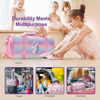 Bagseri Dance Bag for Girls - Ballet Tote with Shoes Compartment, Kids Duffle Bag for Overnight Travel with Dry Wet Separation Pockets（Glitter Unicorn, Pink）