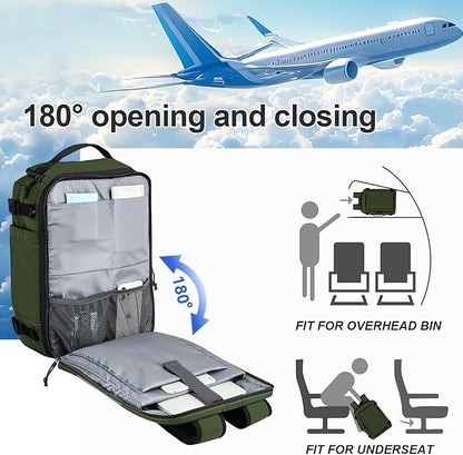 Carry On Travel Backpack with Shoe Compartment Flight Approved Laptop Backpack Expandable Work Business Backpack for Women Men Casual Daypack, Dark Green