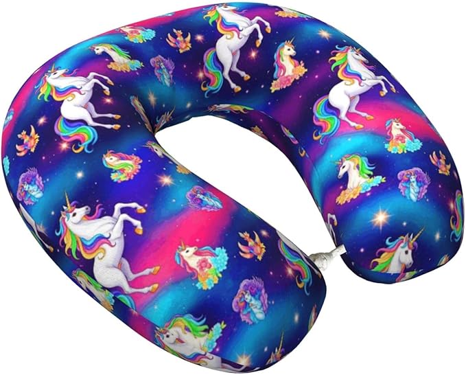 Comfortable Memory Foam Travel Neck Pillow, Funny Chin/Head Cushion Supporting Airplane Car Pillows Rainbow Galaxy Unicorns Space Art for Sleeping Outdoors Travel Office
