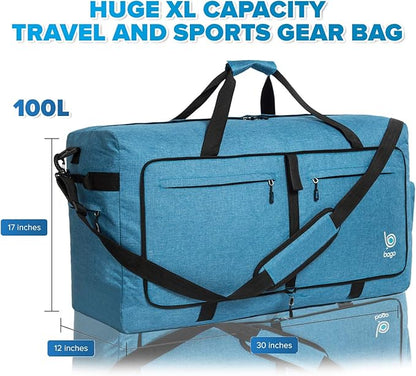 Bago Large Foldable Duffel Bags for Traveling Women & Men - 100L Packable Duffle Bag for Travel with Shoe Compartment - Water Repellant, Heavy Duty, Lightweight Folding & Collapsible (SnowBlue)