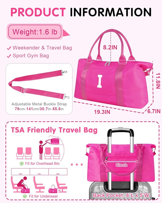 Overnight Bag for Kids Teen Girls Weekender Dance Bag Birthday Graduation Gifts,Initial Travel Duffel Bag Sports Gym Bag Personalized Weekender Bag Carry On Bags Preppy Gifts for Women(Hot Pink, I)