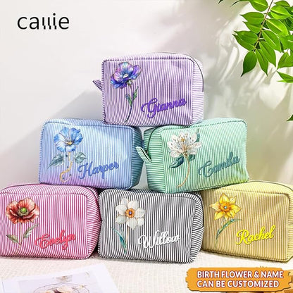 callie Personalized Makeup Bag - Custom Name & Birth Flower, Cosmetic Organizer Make Up Bag with Zipper, Birthday Christmas Travel Gifts for Women