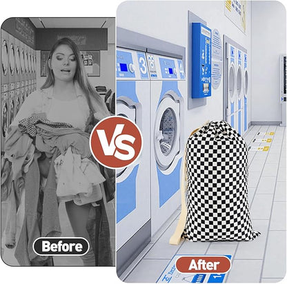 Laundry Bag, Dirty Backpack Laundry Bag For College Travel Laundromat Apartment, With Handles 29" X 18" (Black White Checkered)