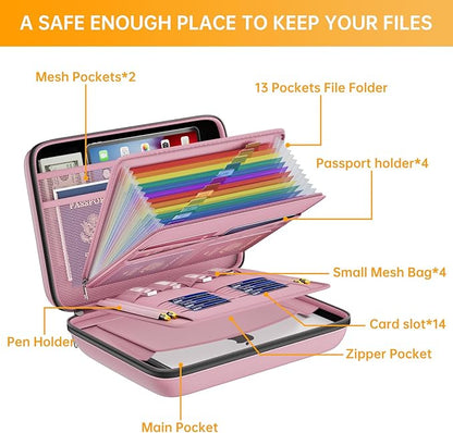 DocSafe Fireproof File Organizer with Lock, Hard-Shell Case Fireproof Document Box with 13 Pocket Accordion File Folder, Portable Home Office Travel Safe Storage for Important Documents Laptop Pink