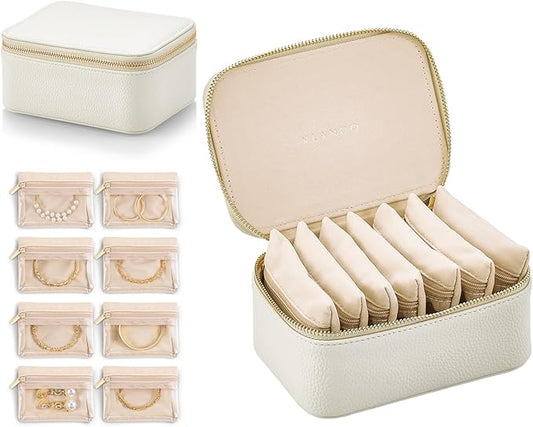 Vlando Travel Jewelry Box Organizer - 8 Small Velvet Zipped Pouches Pockets for Jewelries Necklaces Rings Earrings Sorting Storage, Offwhite