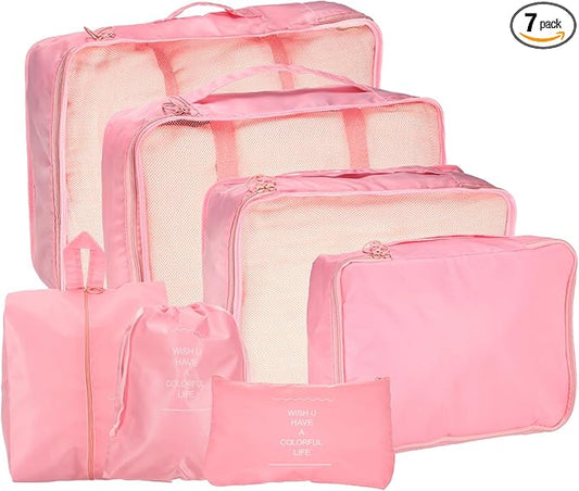 uxcell 7Set Travel Packing Cube, Travel Bags Organizer Luggage Organizer Bags Lightweight Compression Cube Travel Essentials with Shoe Bag for Outdoor Carry on Suitcases, Pink
