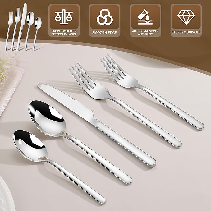 60 Piece Heavy Duty Silverware Set for 12, 18/10 Stainless Steel Flatware, Cutlery Set Modern Design, Dishwasher Safe for Kitchen, Home, Wedding, Party