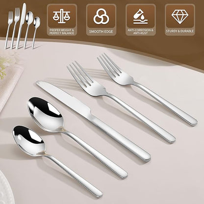 60 Piece Heavy Duty Silverware Set for 12, 18/10 Stainless Steel Flatware, Cutlery Set Modern Design, Dishwasher Safe for Kitchen, Home, Wedding, Party