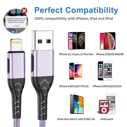 Durcord iPhone Charger, [Apple MFi Certified] 3Pack 10FT USB A Cable for Long Lightning Charger Cable, Fast iPhone Charging Cord for iPhone Xs Max/XS/XR/X/8/7/6S/6/Plus/SE/iPad(Light Purple)