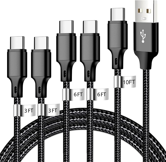 USB A to USB C Charger Cable, 5 Pack [3/3/6/6/10ft] Type C Fast Charging Cord High Data & Transfer Wire Compatible for iPhone 16/15/Pro/Plus/Pro Max iPad Pro Air ps5 Controller Samsung Galaxy(Black)