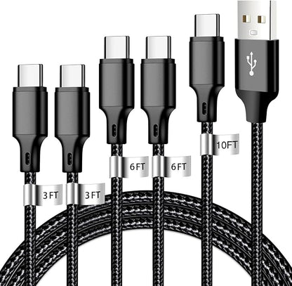 USB A to USB C Charger Cable, 5 Pack [3/3/6/6/10ft] Type C Fast Charging Cord High Data & Transfer Wire Compatible for iPhone 16/15/Pro/Plus/Pro Max iPad Pro Air ps5 Controller Samsung Galaxy(Black)