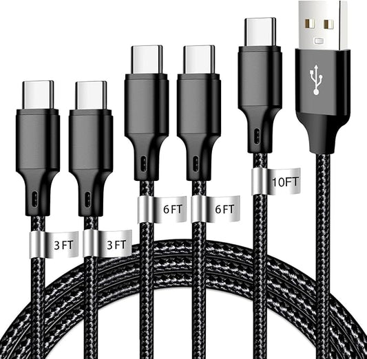 USB A to USB C Charger Cable, 5 Pack [3/3/6/6/10ft] Type C Fast Charging Cord High Data & Transfer Wire Compatible for iPhone 16/15/Pro/Plus/Pro Max iPad Pro Air ps5 Controller Samsung Galaxy(Black)