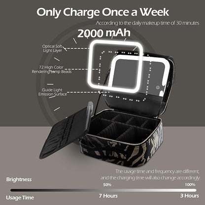 MOMIRA Travel Makeup Bag Cosmetic Bag with Lighted Mirror, Adjustable Brightness in 3 Color Scenarios, Waterproof, 10x Magnifying Mirror, Rotatable Independent Light Mirror- Zebra-Beige