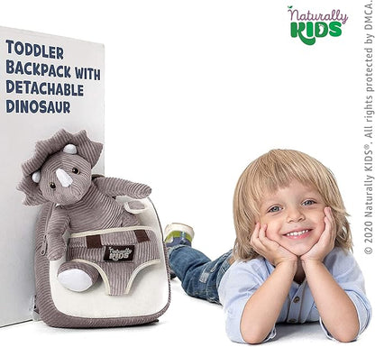 Naturally KIDS Small Dinosaur Backpack - Triceratops Dinosaur Toys for Kids 3-5 - Toddler Backpack for Boys & Girls - Grey Plush Stuffed Animal