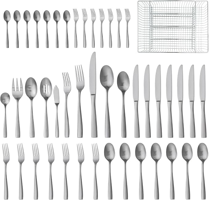 HIKAA Forged Silverware Set Stainless Steel Flatware Set,Service for 8,Matte Satin Polished Cutlery Set, with Serving Set and Metal Organizer (Matte Silver 45PCS)