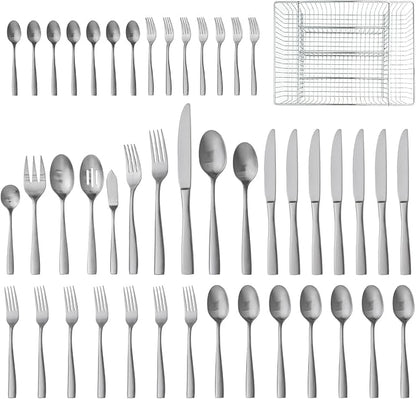 HIKAA Forged Silverware Set Stainless Steel Flatware Set,Service for 8,Matte Satin Polished Cutlery Set, with Serving Set and Metal Organizer (Matte Silver 45PCS)