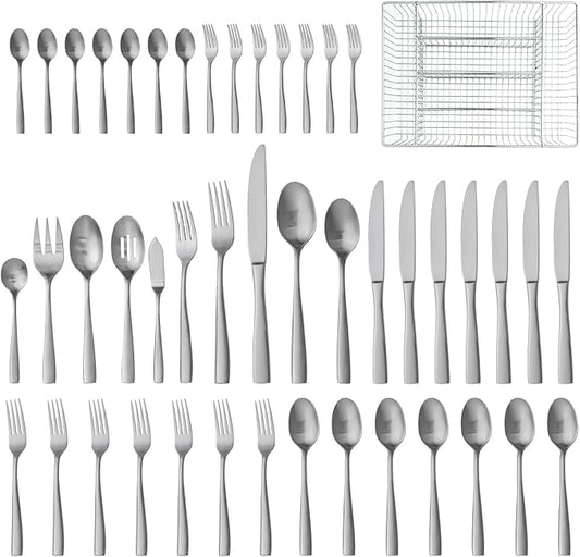 HIKAA Forged Silverware Set Stainless Steel Flatware Set,Service for 8,Matte Satin Polished Cutlery Set, with Serving Set and Metal Organizer (Matte Silver 45PCS)