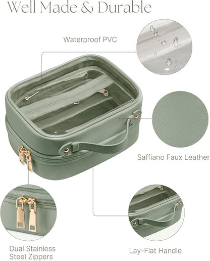 Clear Cosmetic Bag Double Layer Travel Toiletry Bag Clear Makeup Bag Case with 4 Compartments, Transparent Travel Bag for Toiletries, Large Toiletry Bag for Women Cosmetic Case (Sage Green, Small)