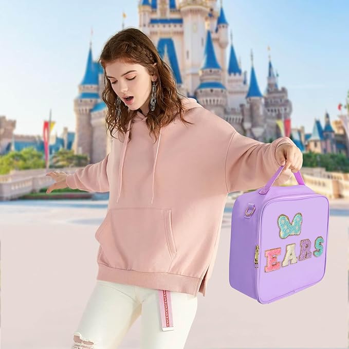 Chenille Letter Bow Mouse Ears Travel Case, Park Ears Headband Holder Hair Accessories Organizer Bag for Girls Women Kids Adults, Large Makeup Bag Snack Bags with Zipper for Travel Picnic - Purple