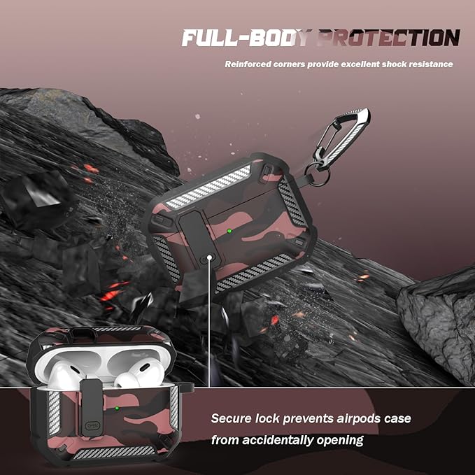 RFUNGUANGO for AirPods Pro 2nd Gen Case with Cleaning Kit, Military Hard Case Protective Armor with Lock, for AirPod Gen 2 Charging Case (2023/2022/2019, 2nd Gen/1st Gen),Red Camouflage