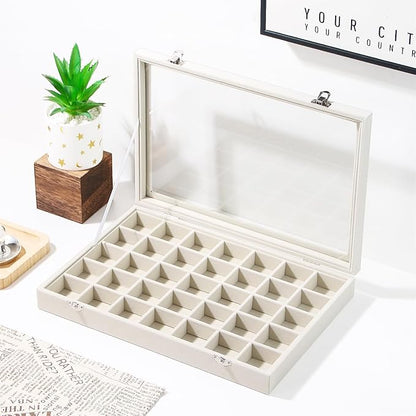 Coward Ring Earring Jewelry Organizer Box, 35 Grids Dustproof Display Holder Case, Beige Velvet Jewelry Bead Display Tray Case with Transparent Glass Lid for Momen Girls