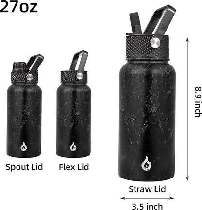 BJPKPK Insulated Water Bottles with Straw Lid, 27oz Stainless Steel Water Bottle with 3 Lids, Leak Proof BPA Free Metal Thermo, Mugs, Tumblers, Keep Cold Hot -Midnight