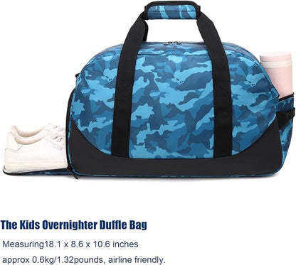 Boys Overnight Duffel Bags Sport Gym Bag Gymnastics Bag with Shoe Compartment, Carry-on Size Weekender Sleepovers Travel Duffel Bag for Boys (Blue Camo)