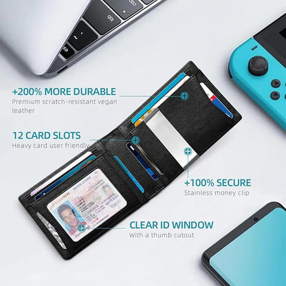 Zitahli Money Clip Wallets for Men,Slim Bifold Wallet 10-12 Cards, Mens Leather Wallet with ID Window,RFID Blocking Thin Minimalist Credit Card Holder,Gifts for Him