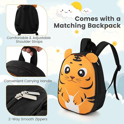 Goplus 2PC Kids Carry On Luggage Set, 16" Rolling Suitcase & 12" Backpack, Airline Approved Travel Trolley Luggage with Wheels for Toddlers Children Girls Boys (Tiger)