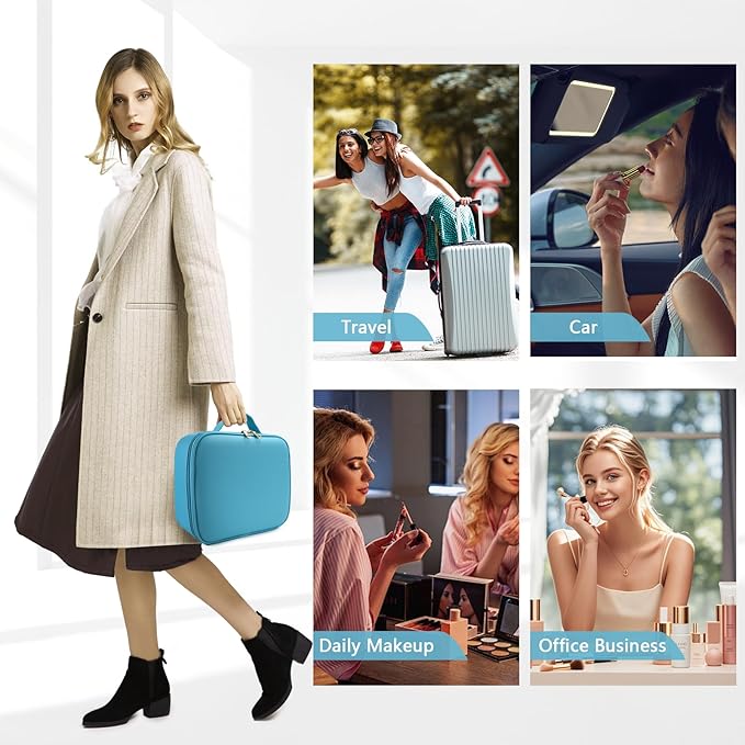 Travel Makeup Bag for Makeup Artists Large Makeup Case,with Mirror 3 Color Setting and Detachable 10x Magnifying Mirror Travel Makeup Bag,Portable Storage and Adjustable Dividers（blue）