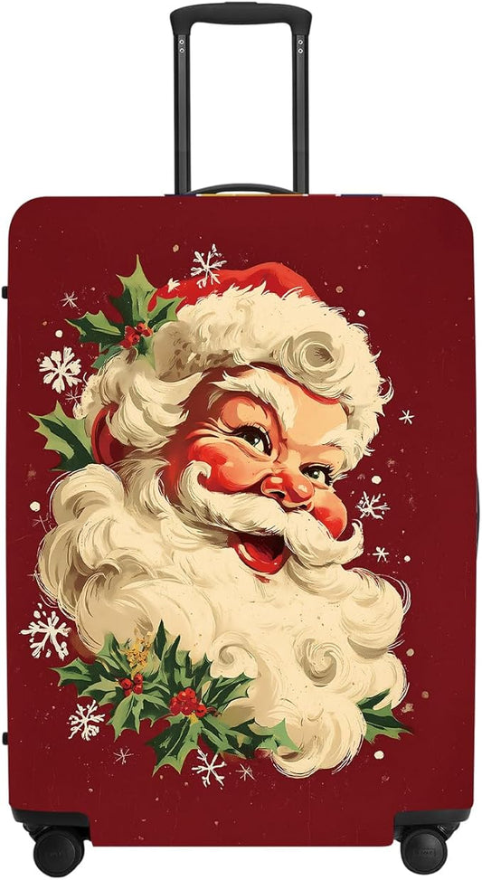 Retro Santa Luggage Cover - Vintage Saint Nicholas with Holly and Snowflakes, Traditional Christmas Suitcase Protector 32 34 Inch